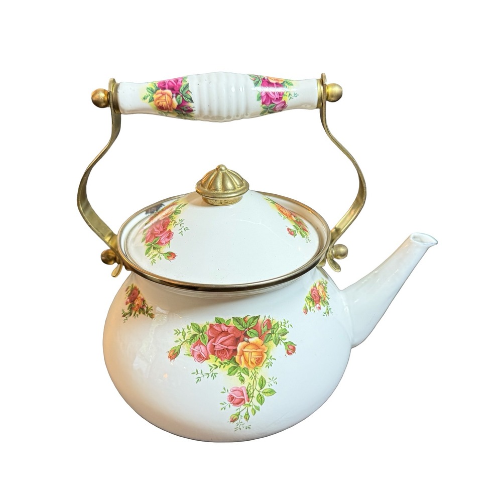 Royal Albert Old Country Roses Enamel‎ Tea Kettle Vintage Floral Teapot Brass